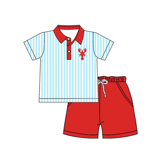 ( Moq 5 ) Preorder Baby Boys Short Sleeves Crayfish Stripes Buttons Shirt Pockets Red Shorts Clothes Set