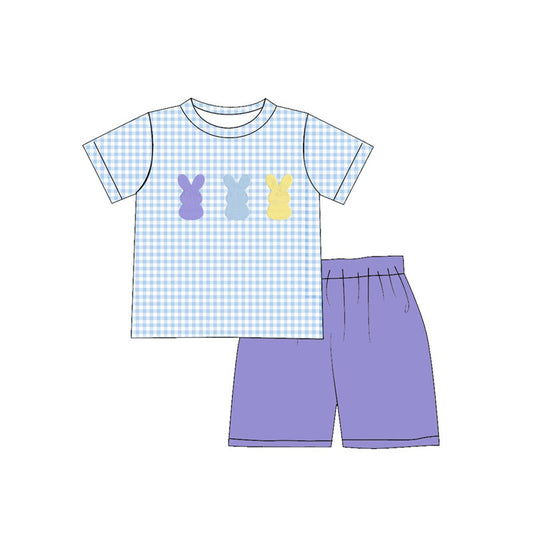 ( Moq 5 ) Preorder Baby Boys Kids Short Sleeves Rabbits Plaid Shirt Shorts Easter Clothes Set