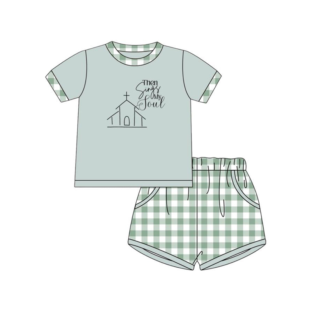 ( Moq 5 ) Preorder Baby Boy Short Sleeves Church Shirt Green Plaid Pockets Shorts Set