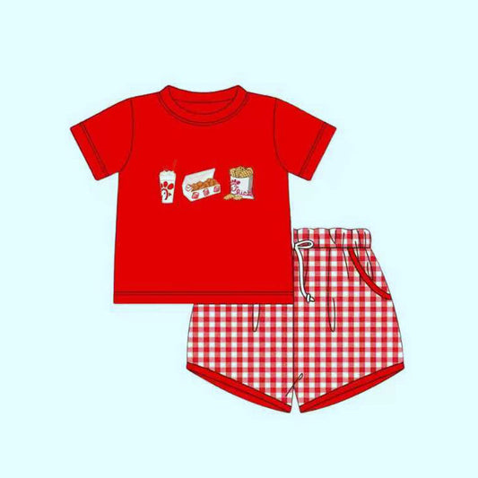 ( Moq 5 ) Preorder Baby Boys Chip Chicken Red Shirt Plaid Pockets Shorts Clothes Set