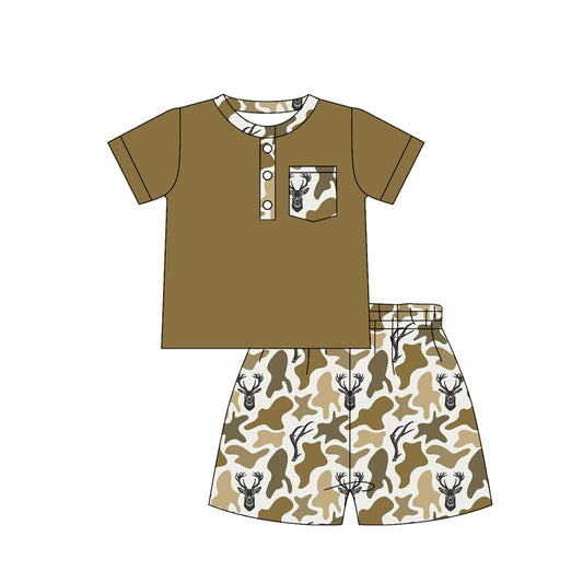 ( Moq 5 ) Preorder Baby Boys Pocket Buttons Shirt Deer Camo Shorts Hunting Clothes Set