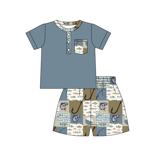 ( Moq 5 ) Preorder Baby Boys Kids Short Sleeves Buttons Shirt Fishing Plaid Shorts Clothes Set