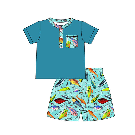 ( Moq 5 ) Preorder Baby Boys Kids Green Short Sleeves Buttons Shirt Fishing Shorts Clothes Set