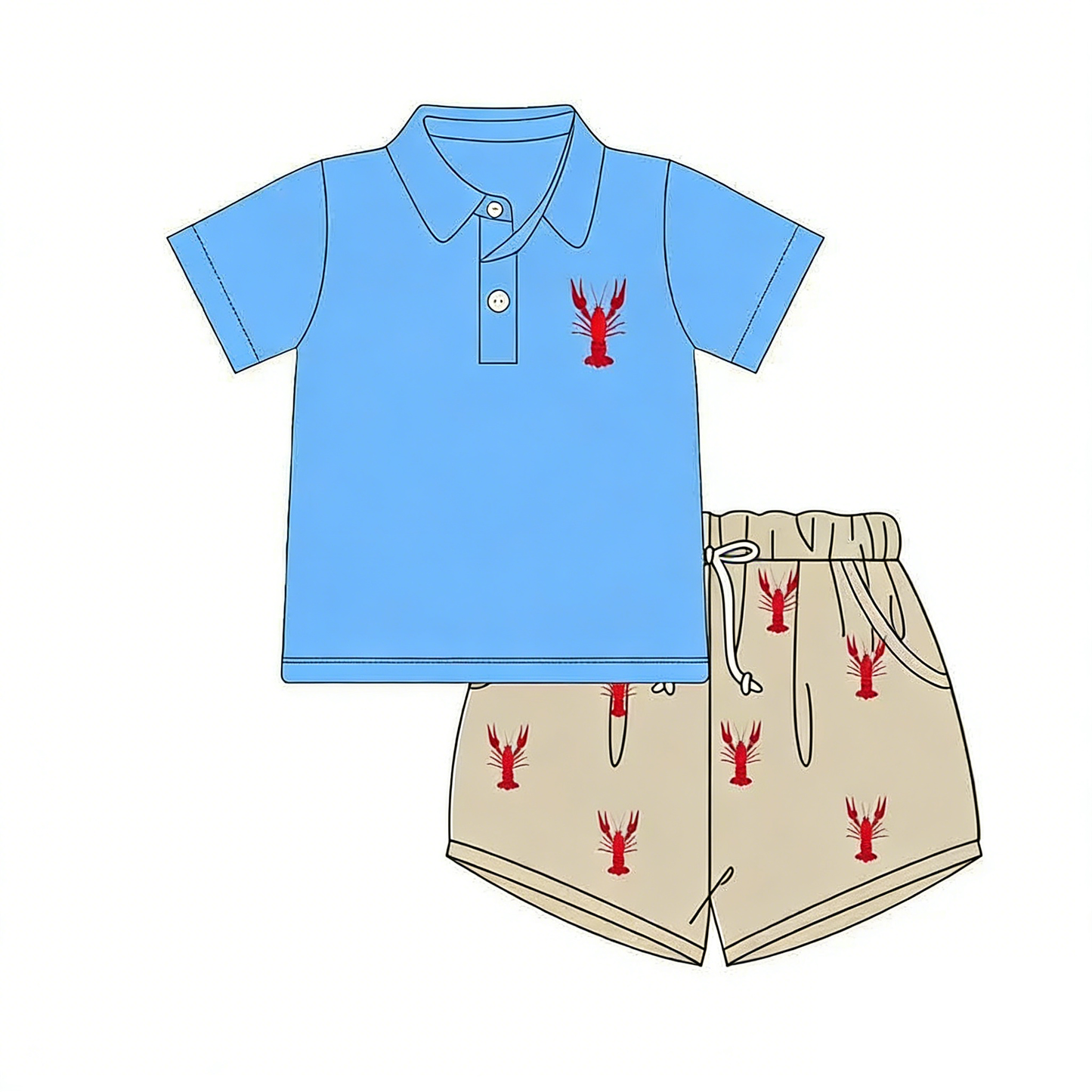 ( Moq 5 ) Preorder Baby Boys Blue Short Sleeves Buttons Shirt Crayfish Pockets Shorts Clothes Set