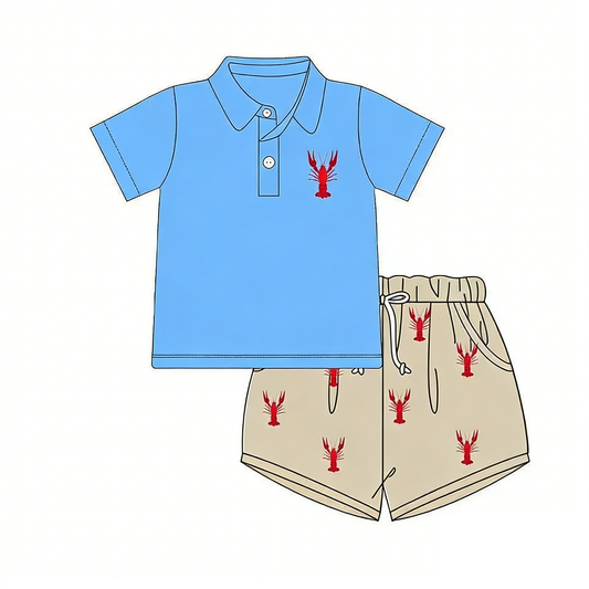 ( Moq 5 ) Preorder Baby Boys Blue Short Sleeves Buttons Shirt Crayfish Pockets Shorts Clothes Set