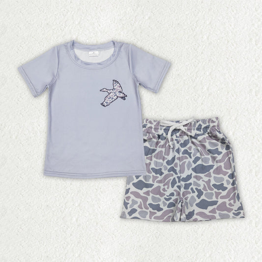 Baby Boys Short Sleeves Grey Duck Shirt  Pockets Grey Camo Shorts Hunting Clothes Set