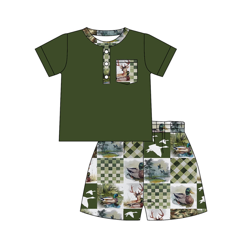 ( Moq 5 ) Preorder Baby Boys Short Sleeves Buttons Green Shirt Ducks Deer Shorts Clothes Set
