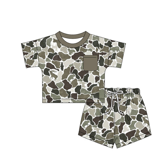 ( Moq 5 ) Preorder Baby Boys Short Sleeves Pocket Shirt Camo Shorts Hunting Clothes Set
