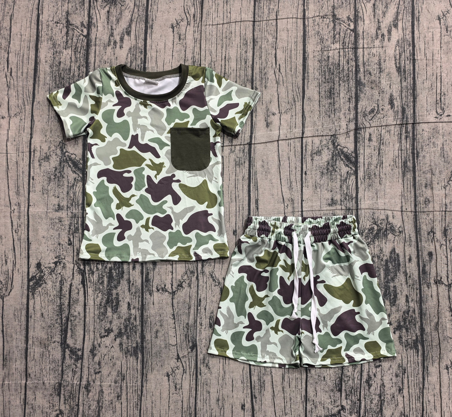 ( No moq ) Preorder Baby Boys Short Sleeves Pocket Shirt Ducks Green Camo Shorts Clothes Set