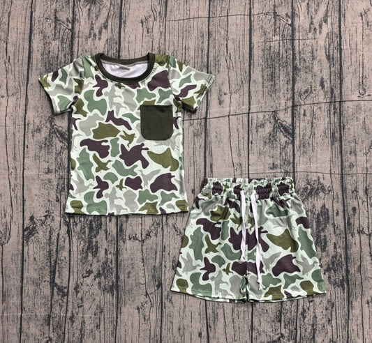 ( No moq ) Preorder Baby Boys Short Sleeves Pocket Shirt Ducks Green Camo Shorts Clothes Set