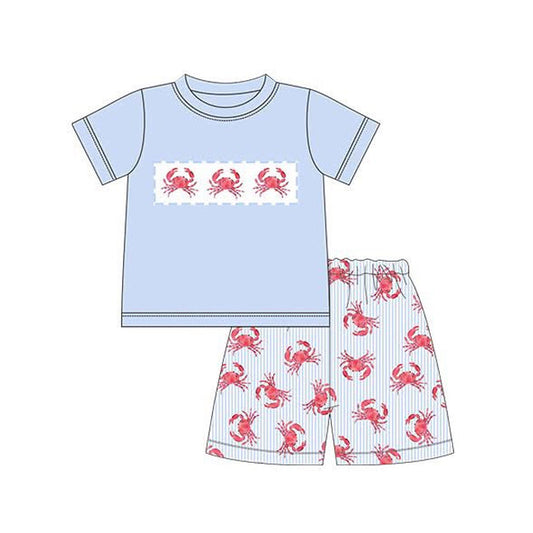 ( Moq 5 ) Preorder Baby Boys Blue Short Sleeves Crabs Shirt Stripes Shorts Summer Clothes Set