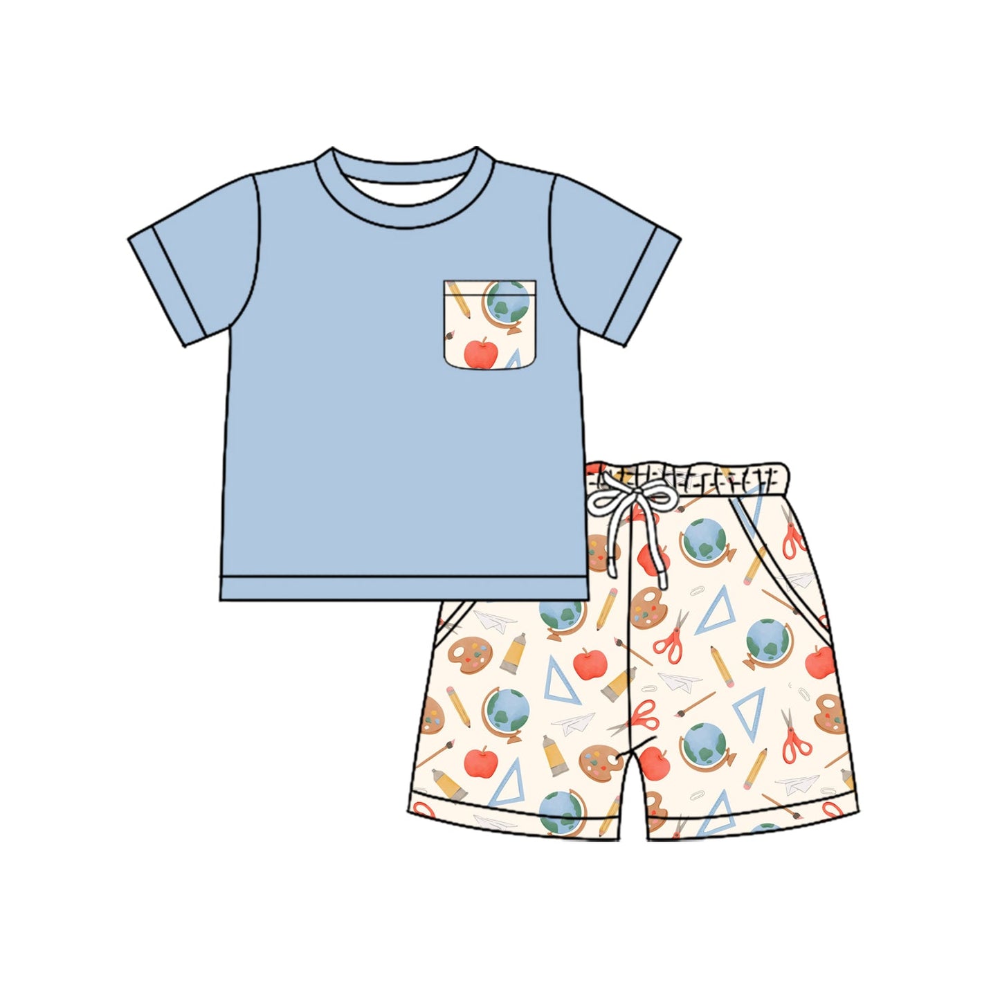 ( Moq 5 ) Preorder Baby Boys Kids Short Sleeves Shirt Pockets Pencils Shorts Back to School Set
