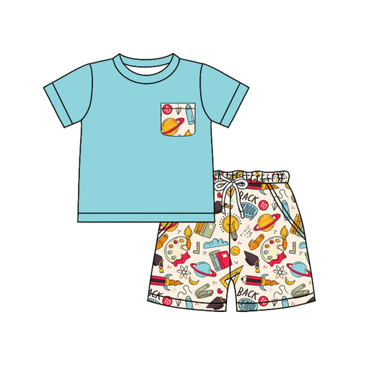 ( Moq 5 ) Preorder Baby Boys Kids Short Sleeves Green Shirt Pencils Pockets Shorts Back to School Set