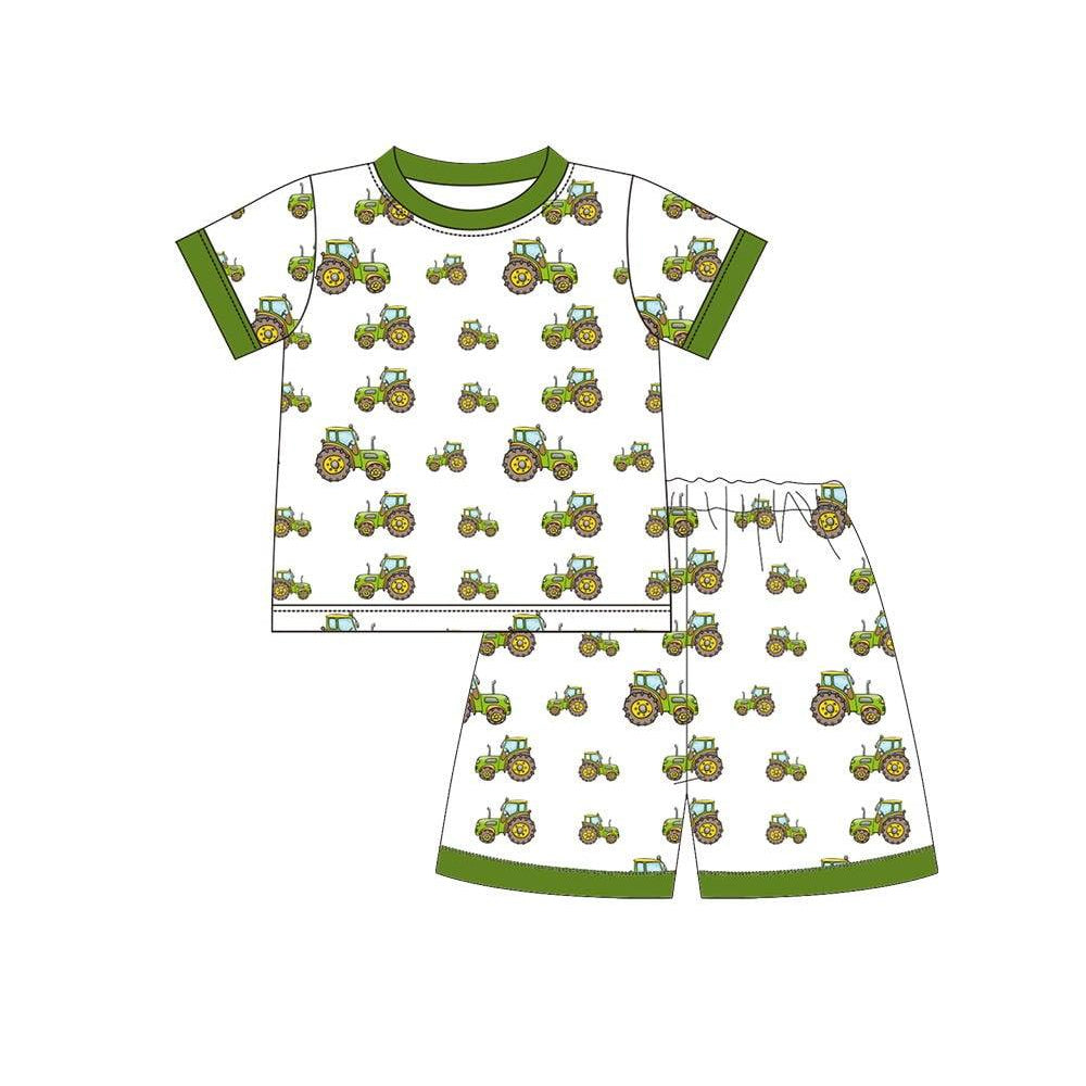 ( Moq 5 ) Preorder Baby Boys Kids Short Sleeves Tractors Shirt Shorts Pajamas Green Set