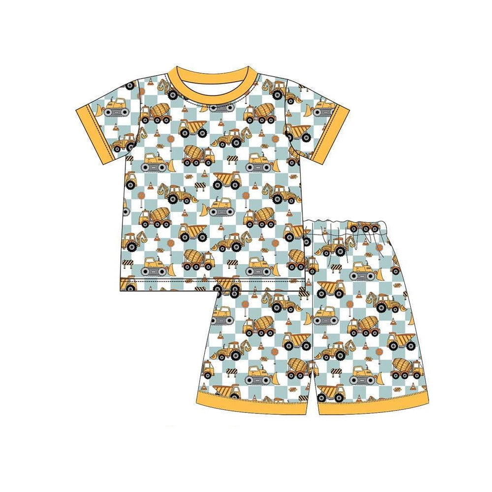 ( Moq 5 ) Preorder Baby Boys Kids Short Sleeves Trucks Plaid Shirt Shorts Pajamas Clothes Set