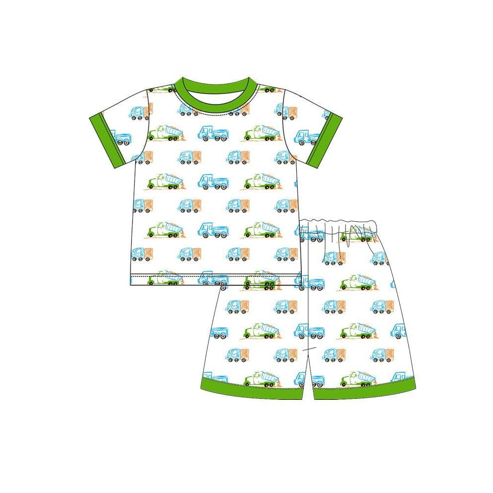 ( Moq 5 ) Preorder Baby Boys Kids Short Sleeves Trucks Shirt Shorts Pajamas Clothes Green Set