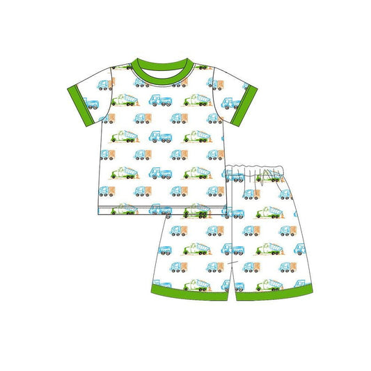 ( Moq 5 ) Preorder Baby Boys Kids Short Sleeves Trucks Shirt Shorts Pajamas Clothes Green Set
