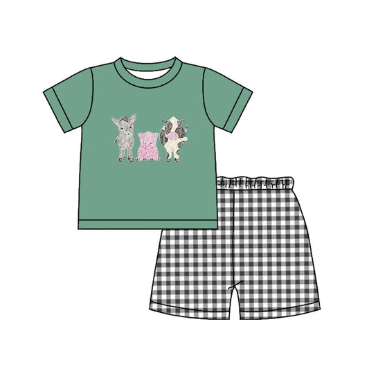 ( Moq 5 ) Preorder Baby Boys Farm Animals Green Shirt Plaid Shorts Summer Clothes Set