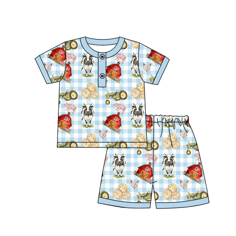 ( Moq 5 ) Preorder Baby Boys Short Sleeves Farm Animals Buttons Shirt Blue Plaid Shorts Pajamas Set