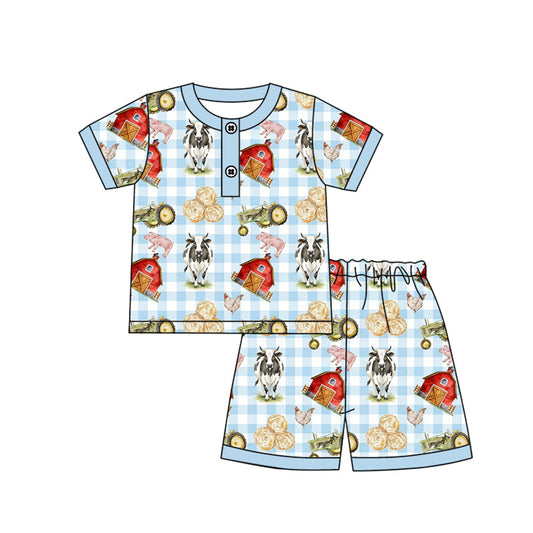 ( Moq 5 ) Preorder Baby Boys Short Sleeves Farm Animals Buttons Shirt Blue Plaid Shorts Pajamas Set