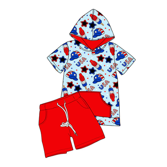 ( Moq 5 ) Preorder Baby Boys Short Sleeves Popsicle Stars USA Hoodie Shirt Red Shorts 4th of July Clothes Set