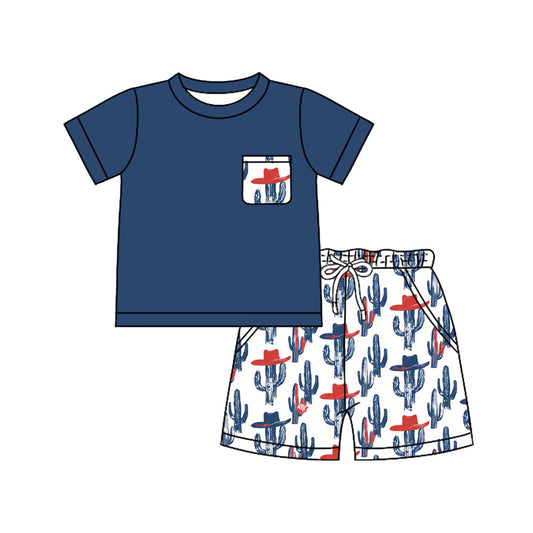 ( Moq 5 ）Preorder Baby Boys Short Sleeves Blue Shirt Cactus Hats Pockets Shorts 4th of July Set