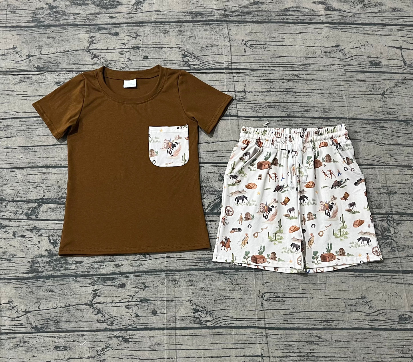 Baby Boys Kids Short Sleeves Brown Shirt Western Rodeo Cactus Pockets Shorts Set RTS