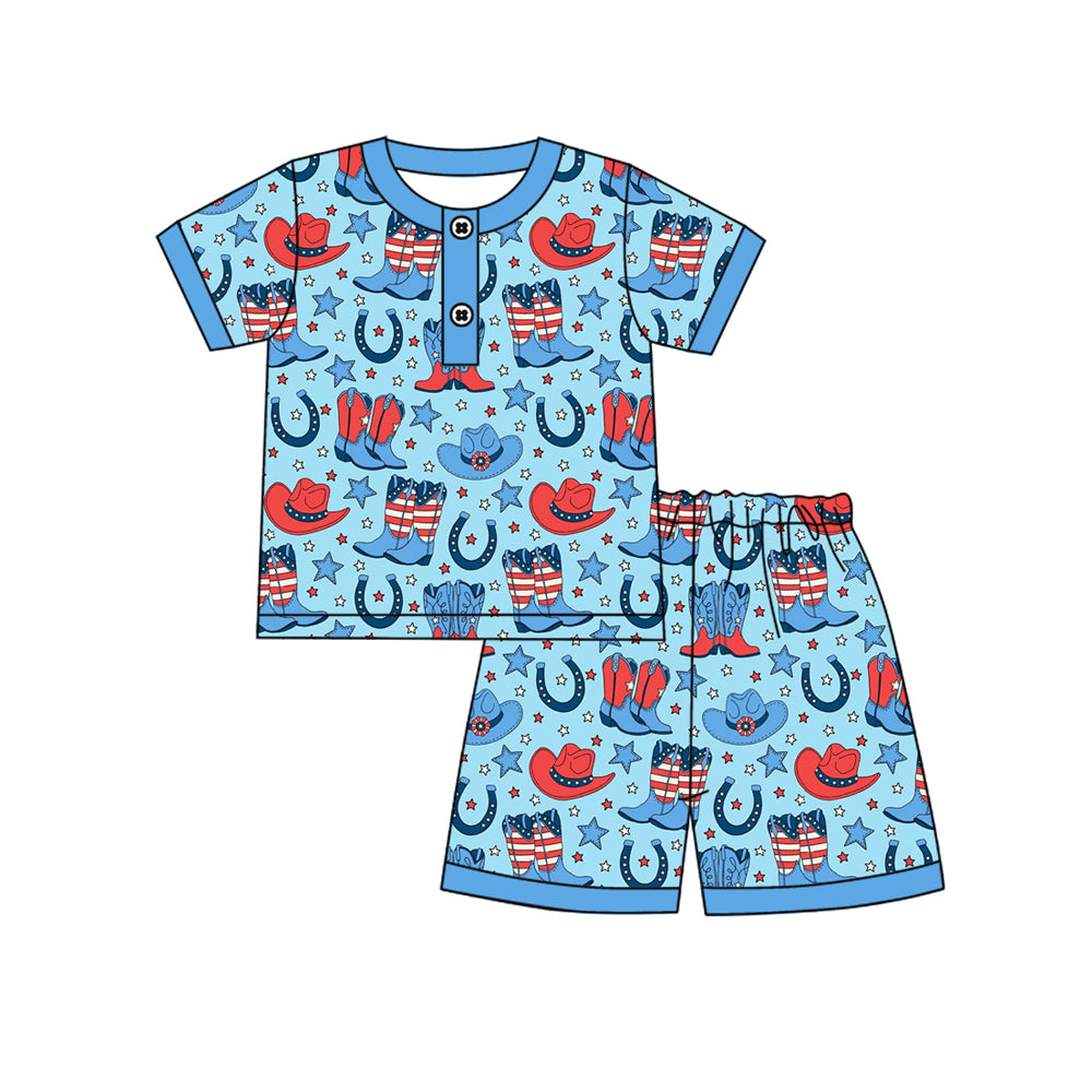 ( Moq 5 ) Preorder Baby Boys Short Sleeves Buttons Shirt Hats Boots Stars Shorts 4th of July Western Blue Set
