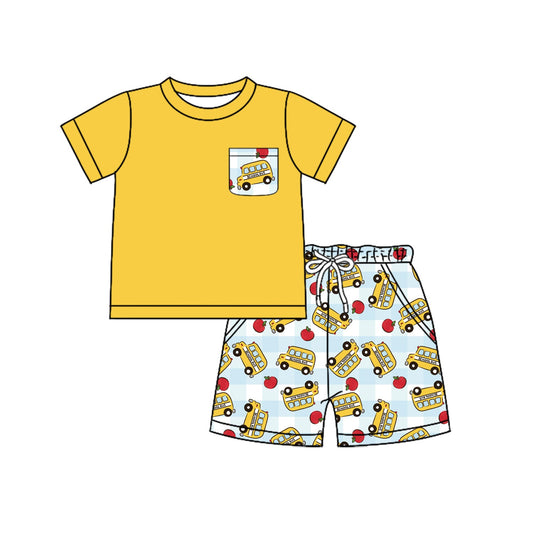 ( Moq 5 ) Baby Boys Kids Yellow Shirt Bus Apple Plaid Pockets Shorts Back to School Set