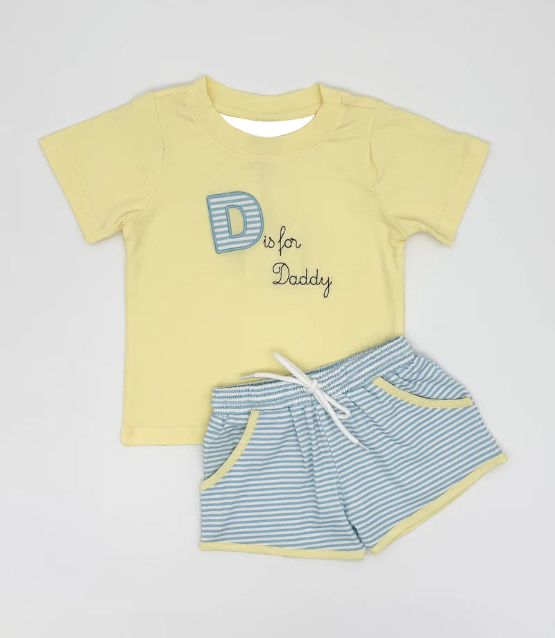 ( Moq 5 ) Preorder Baby Boys Short Sleeves Daddy Yellow Shirt Pockets Stripes Shorts Clothes Set
