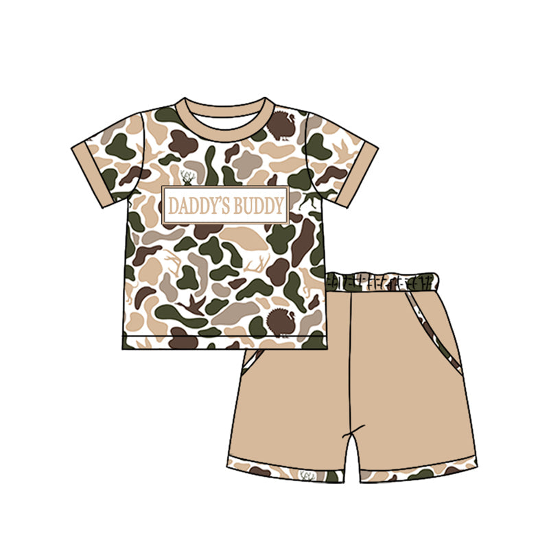 ( Moq 5 ) Preorder Baby Boys Short Sleeves Deer Ducks Dogs Camo Shirt Pockets Shorts Daddy's Buddy Set