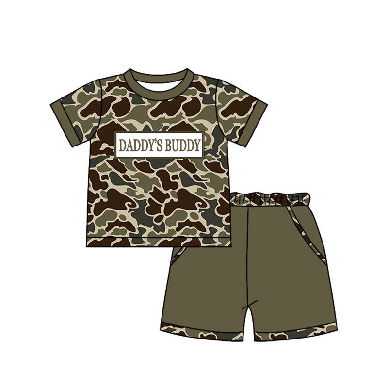 ( Moq 5 ) Preorder Baby Boys Short Sleeves Dark Green Camo Shirt Pockets Shorts Daddy's Buddy Set