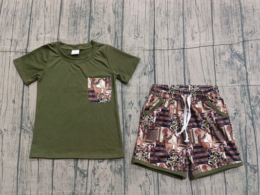 ( No moq ) Preorder Baby Boys Kids Short Sleeves Shirt Hunting Deer Hats Camo Pockets Shorts Clothes Set