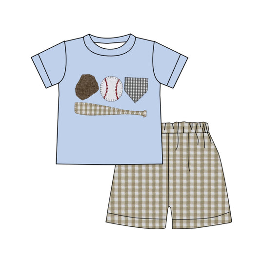 ( Moq 5 ) Preorder Baby Boys Kids Blue Short Sleeves Baseball Shirt Plaid Shorts Clothes Outfit