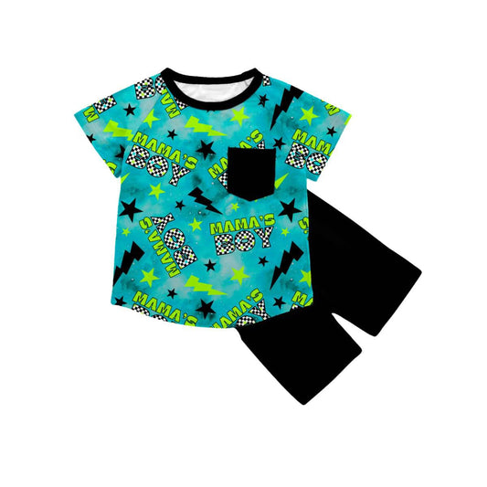 ( Moq 5 ) Preorder Baby Boys Kids Short Sleeves Mama's Boy Pocket Shirt Black Shorts Clothes Outfit