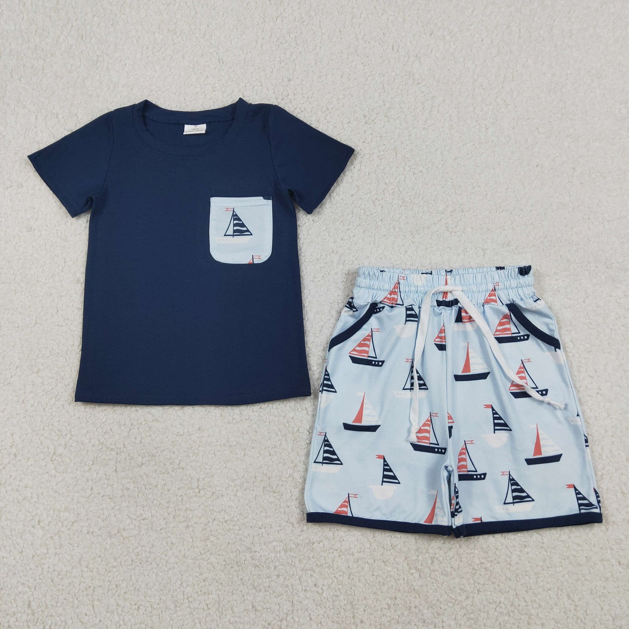 Baby Boys Kids Navy Shorts Sleeves Shirt Boats Pockets Shorts Clothes Set RTS