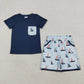 Sibling Baby Boys Kids Navy Shorts Sleeves Shirt Boats Pockets Shorts Romper Set RTS