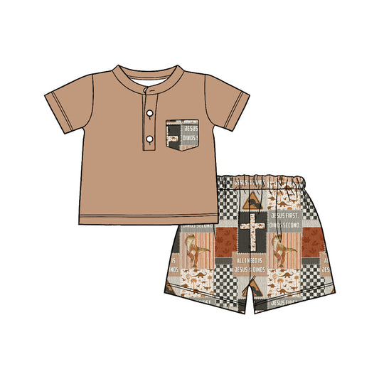 ( Moq 5 ) Preorder Baby Boys Short Sleeves Buttons Pocket Shirt Cross Jesus Dinosaurs Shorts Set