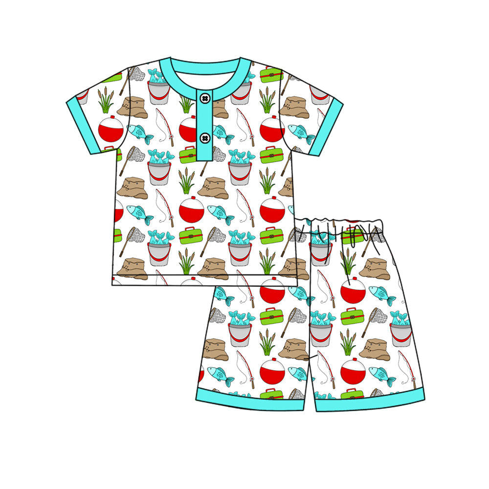 ( Moq 5 ) Preorder Baby Boys Short Sleeves Buttons Shirt Fishing Shorts Pajamas Clothes Set