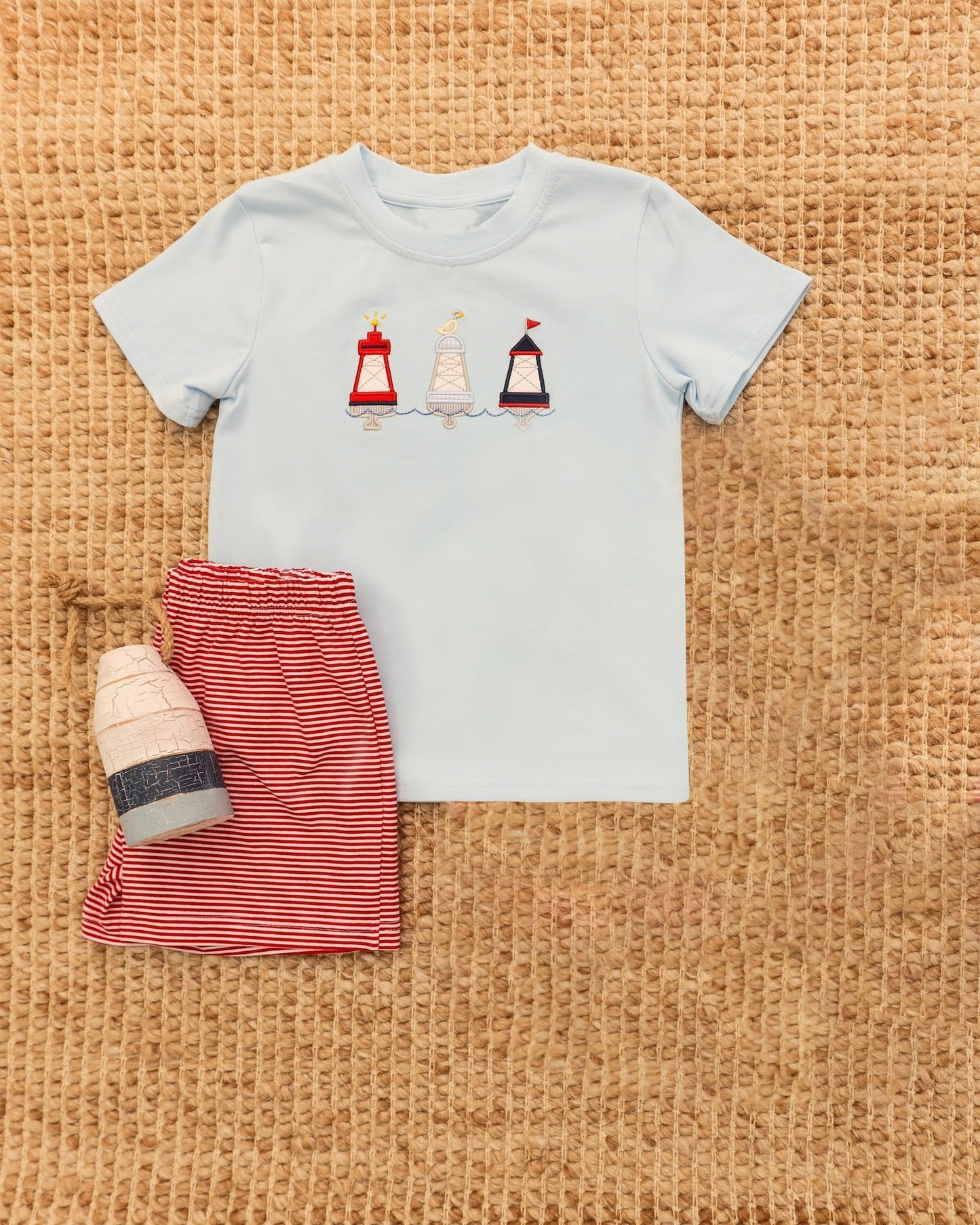 ( Moq 5 ) Preorder Baby Boys Short Sleeves Lighthouses Shirt Red Stripes Shorts Clothes Set
