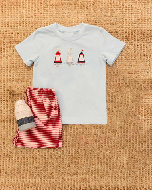 ( Moq 5 ) Preorder Baby Boys Short Sleeves Lighthouses Shirt Red Stripes Shorts Clothes Set