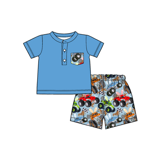 ( Moq 5 ) Preorder Baby Boys Blue Short Sleeves Shirt Trucks Rabbits Shorts Easter Clothes Set