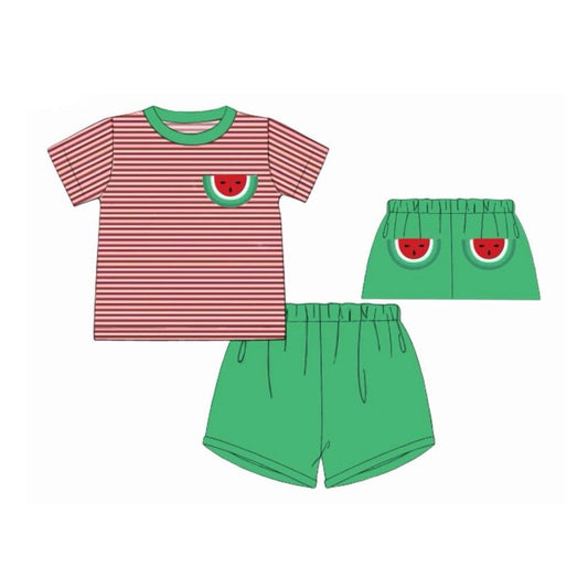 ( Moq 5 ) Preorder Baby Boys Kids Watermelon Stripes Shirt Green Shorts Summer Clothes Set