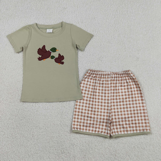 Sibling Baby Boys Kids Embroidery Ducks Shirt Plaid Shorts Set Romper Hunting Clothes