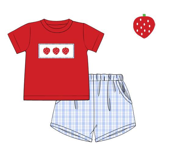 ( Moq 5 ) Preorder Baby Boys Red Short Sleeves Strawberry Shirt Blue Plaid Pockets Shorts Set