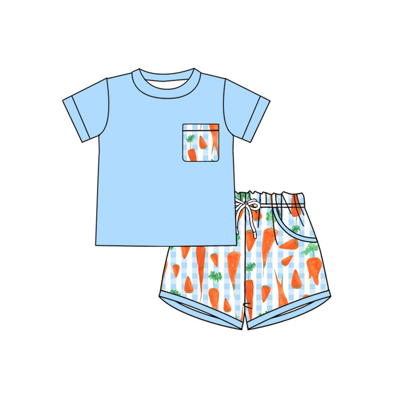 ( Moq 5 ) Preorder Baby Boys Short Sleeves Blue Shirt Carrots Pockets Shorts Easter Clothes Set