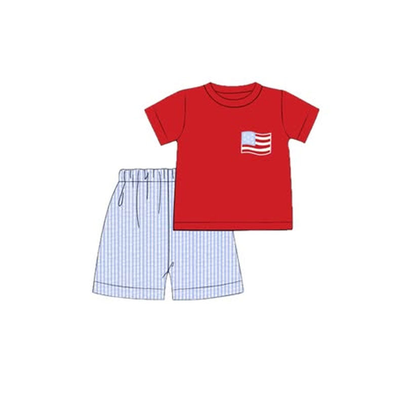 ( Moq 5 ) Preorder Baby Boys Red Short Sleeves Flag Shirt Blue Stripes Shorts 4th of July Set