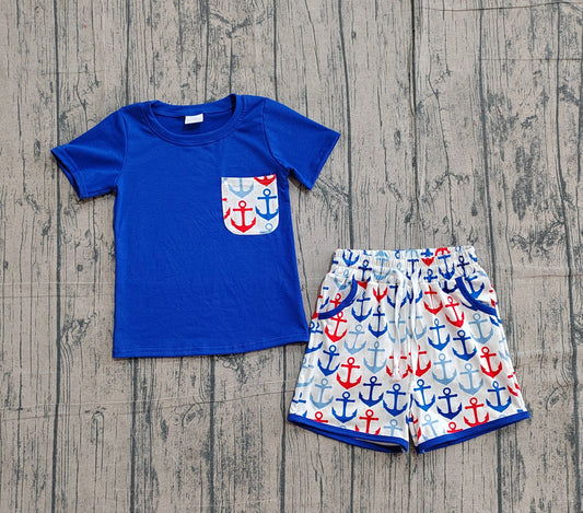 Baby Boys Kids Navy Short Sleeves Shirt Anchors Print Pockets Shorts 4th of July Set RTS