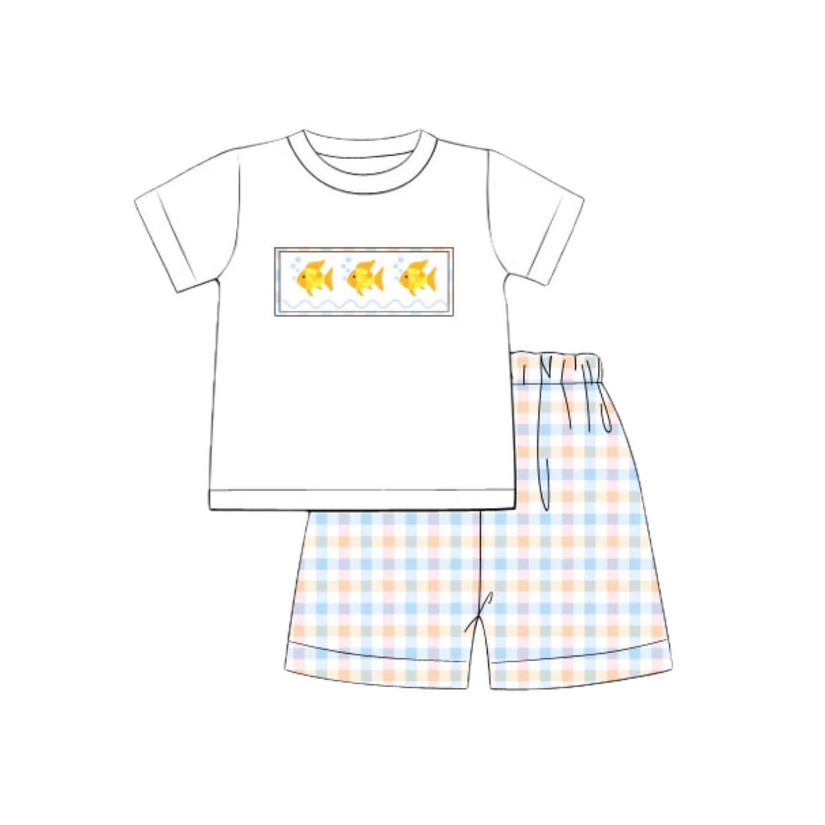 ( Moq 5 ) Preorder Baby Boys Kids Short Sleeves Fish Shirt Plaid Shorts Summer Clothes Set