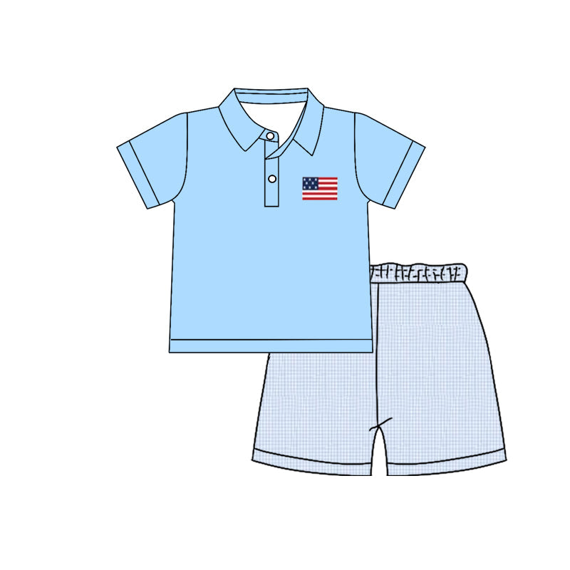 ( Moq 5 ) Preorder Baby Boys Short Sleeves Flag Blue Polo Shirt Plaid Shorts 4th of July Clothes Set